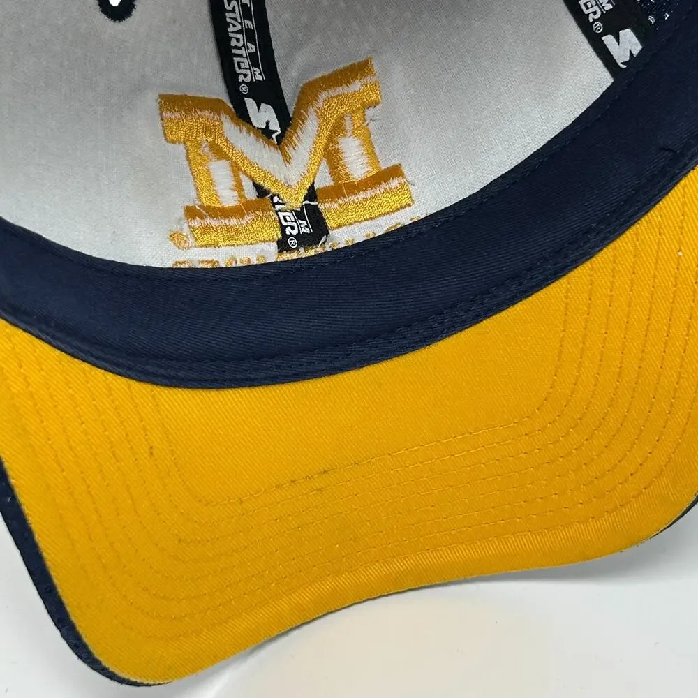 Vintage Michigan Wolverines Hat Baseball Cap Starter Strapback Blue Jersey Mesh